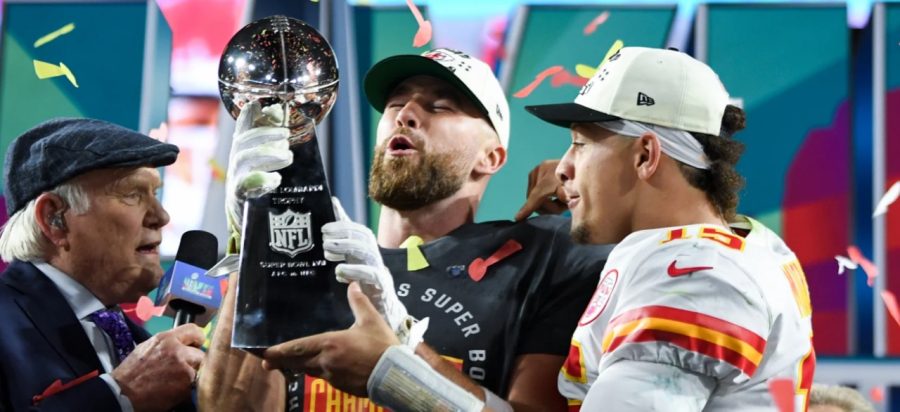 Mahomes hoists the trophy for the second time in his career. (Photo courtesy of ESPN) 